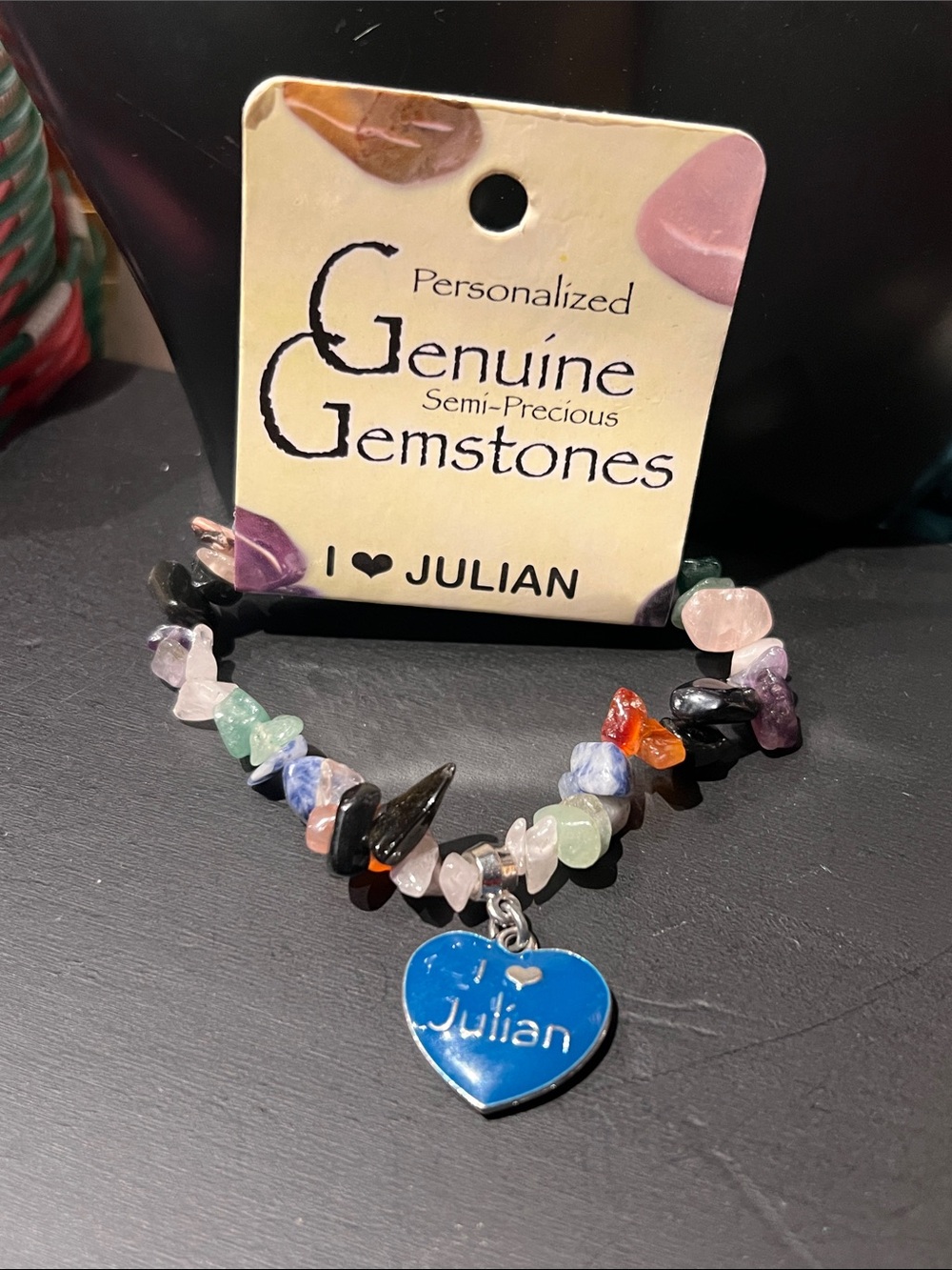 Personalized Genuine Gemstones Multicolor Chip Bracelet with Julian Heart Charm